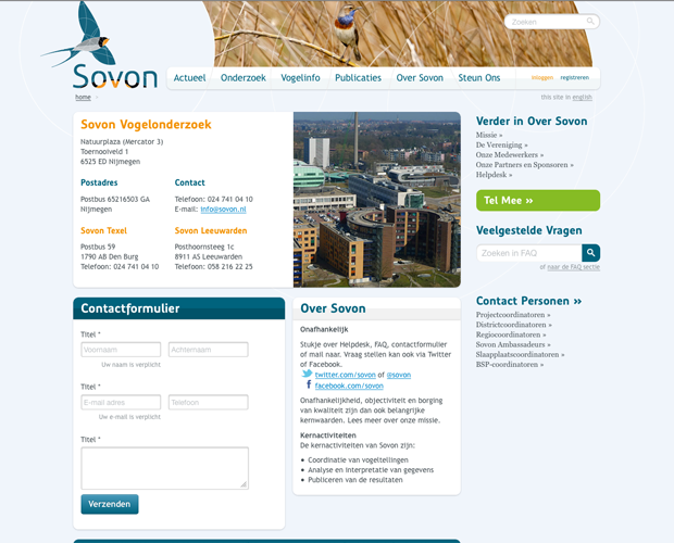 Screenshot van de website Sovon